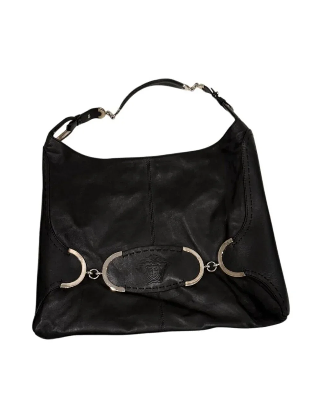 Versace Black Leather Medusa Embossed Hobo Shoulder Bag - OS